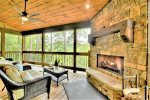 Wood Fireplace on Spacious Back Deck